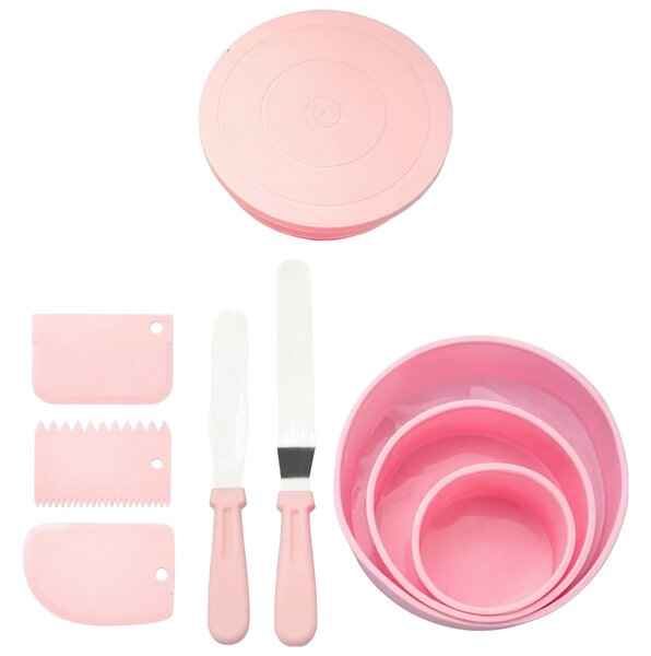 Set decorare torturi, platou rotativ 27,5 cm, 2 spatule, 3 răzuitoare, 3 forme, roz