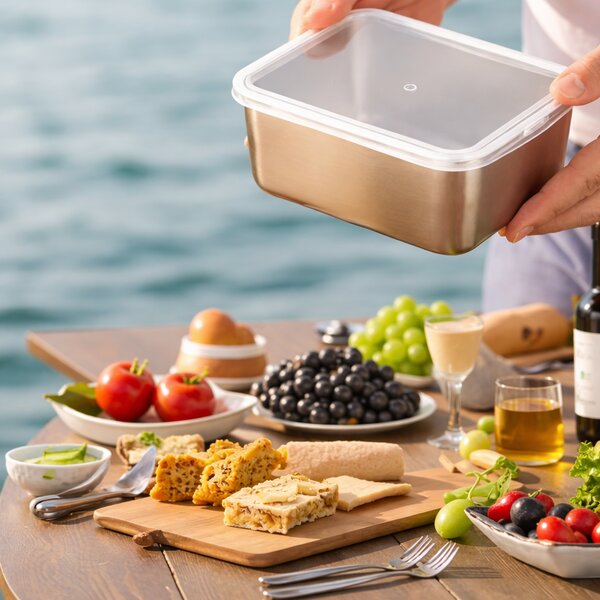 Set 6 caserole din inox cu capac transparent, pătrate, stivuibile, pentru frigider