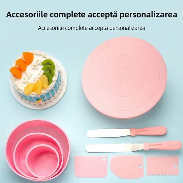 Set decorare torturi, platou rotativ 27,5 cm, 2 spatule, 3 răzuitoare, 3 forme, roz