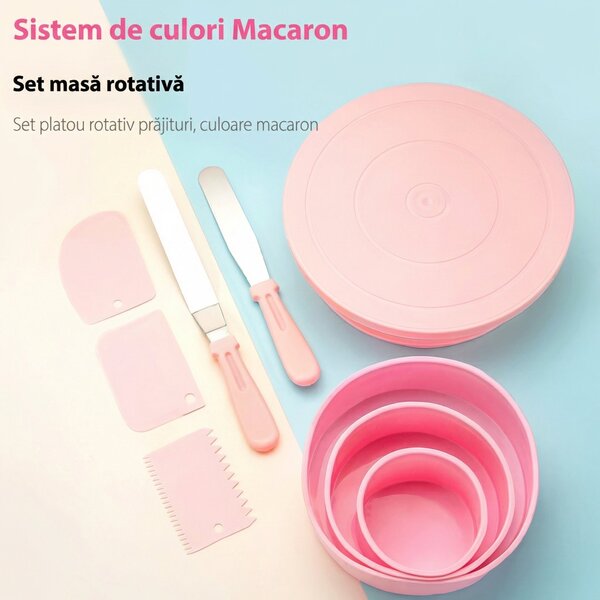 Set decorare torturi, platou rotativ 27,5 cm, 2 spatule, 3 răzuitoare, 3 forme, roz