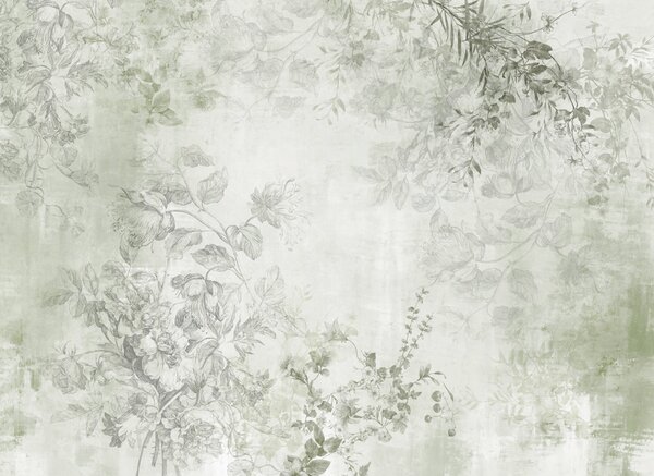 Tapet Artă florală vintage texturată, cu ilustrații delicate ale florilor și frunzelor din grădină,, Fototapet în stil vintage, w09402v2 : Uwalls.ro