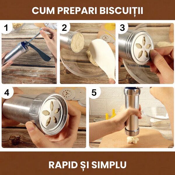 Presă pentru biscuiți și fursecuri, cu 20 de discuri și 4 duze pentru cremă, inox