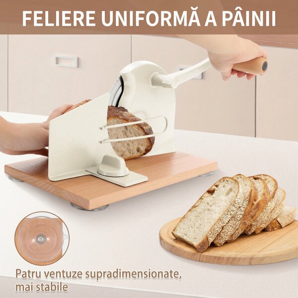 Feliator manual de pâine cu manivelă, grosime reglabilă 0–2,3 cm, bază din lemn