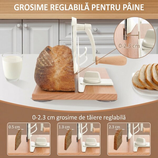 Feliator manual de pâine cu manivelă, grosime reglabilă 0–2,3 cm, bază din lemn