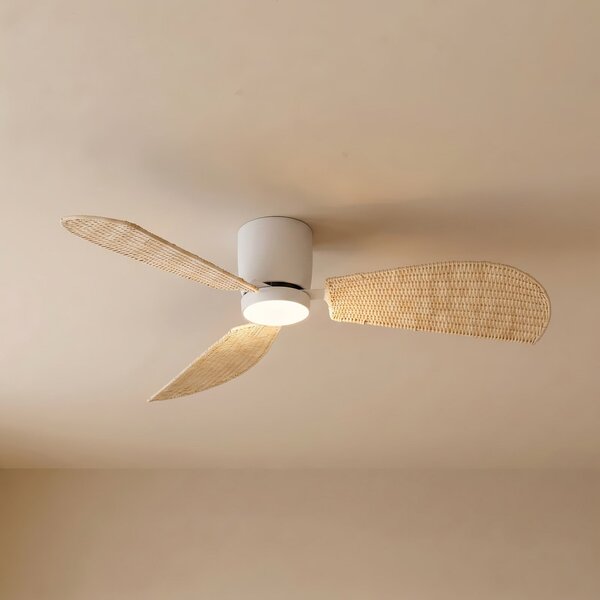 Lucande Ventilator de tavan cu LED-uri Faipari, alb/rattan, DC, 132 cm, Lemn, Camera de zi / sufragerie, Lemn, Modern