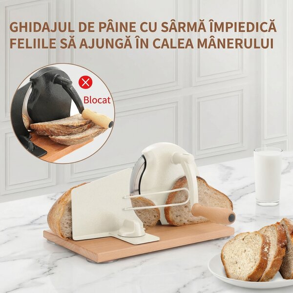 Feliator manual de pâine cu manivelă, grosime reglabilă 0–2,3 cm, bază din lemn