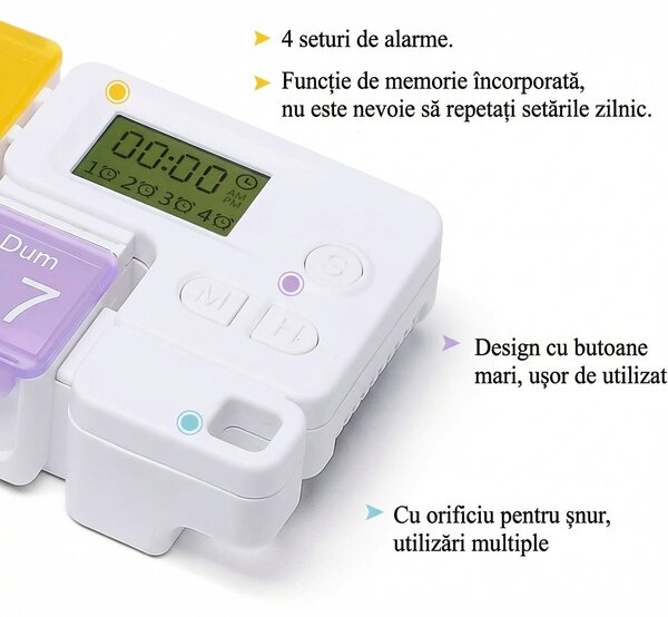 Organizator de pastile săptămânal, 7 compartimente, cu ceas digital și 4 alarme
