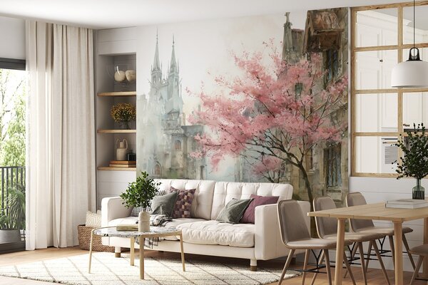 Tapet peisaj urban în stil acuarelă, Fototapet pădure, Fototapet copaci, w04500 : Uwalls.ro