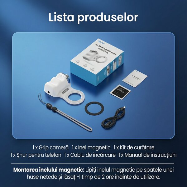 Grip foto magnetic pentru telefon, cu buton declanșator și zoom, Telesin
