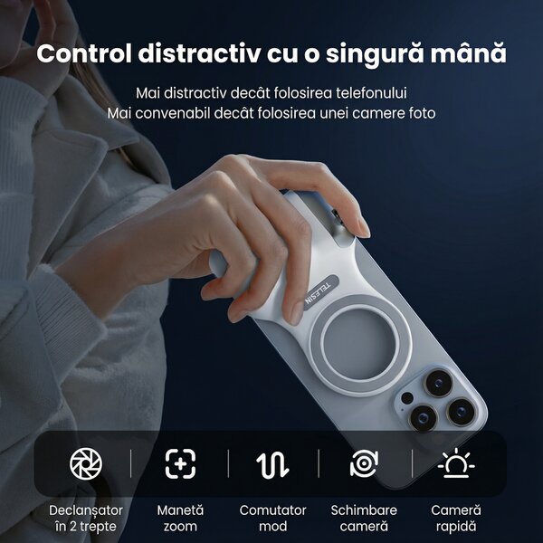 Grip foto magnetic pentru telefon, cu buton declanșator și zoom, Telesin