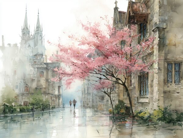 Tapet peisaj urban în stil acuarelă, Fototapet pădure, Fototapet copaci, w04500 : Uwalls.ro