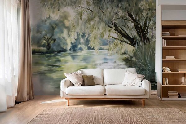 Tapet copac în stil acuarelă deasupra lacului, Fototapet Natură, w04501 : Uwalls.ro
