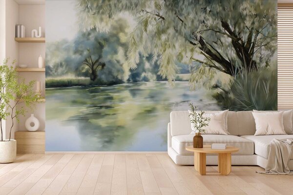 Tapet copac în stil acuarelă deasupra lacului, Fototapet Natură, w04501 : Uwalls.ro