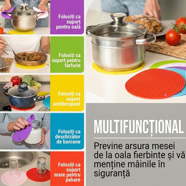 Set 4 suporturi rotunde din silicon pentru vase fierbinți, 14,3 cm