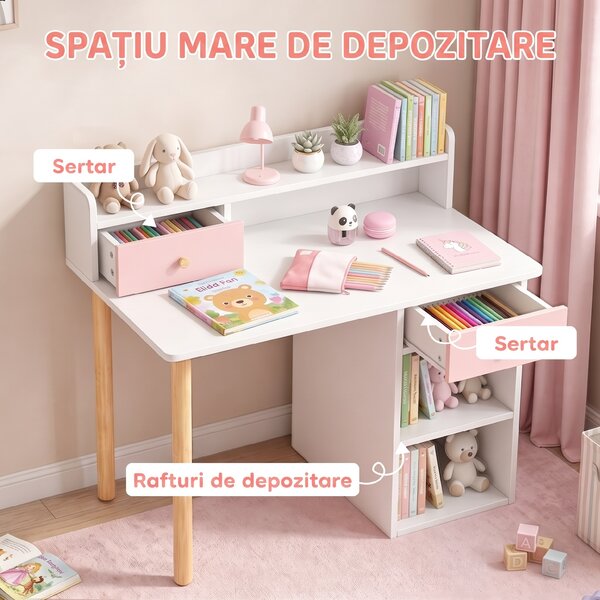 AIYAPLAY Set birou și scaun pentru copii din lemn, cu 2 sertare și rafturi, pentru cameră, birou sau grădiniță, roz | Aosom Romania