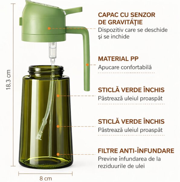 Recipient 2 în 1 pentru ulei, pulverizator și turnare, din sticlă, cu capac automat