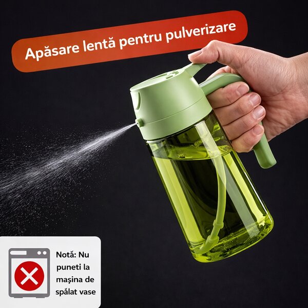 Recipient 2 în 1 pentru ulei, pulverizator și turnare, din sticlă, cu capac automat