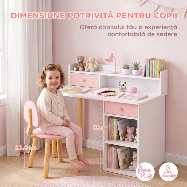 AIYAPLAY Set birou și scaun pentru copii din lemn, cu 2 sertare și rafturi, pentru cameră, birou sau grădiniță, roz | Aosom Romania