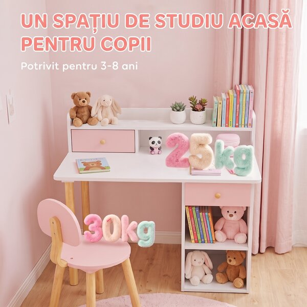 AIYAPLAY Set birou și scaun pentru copii din lemn, cu 2 sertare și rafturi, pentru cameră, birou sau grădiniță, roz | Aosom Romania