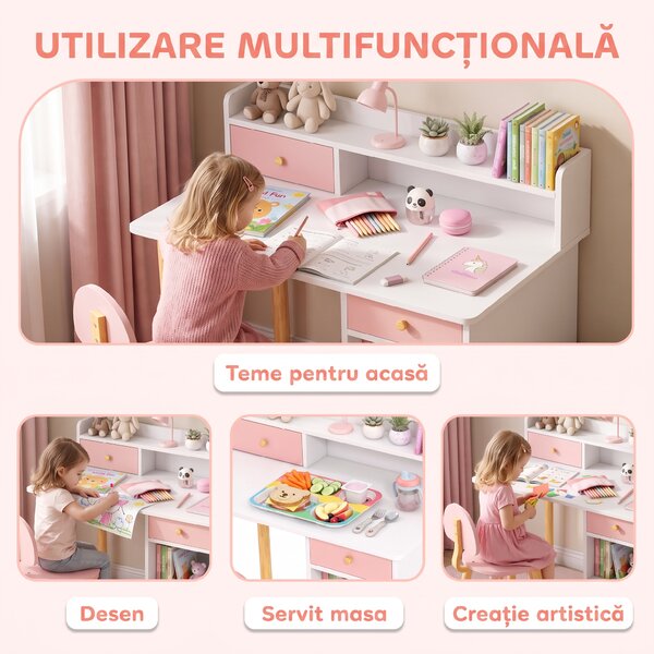 AIYAPLAY Set birou și scaun pentru copii din lemn, cu 2 sertare și rafturi, pentru cameră, birou sau grădiniță, roz | Aosom Romania