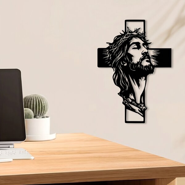Cruce decorativă de perete din metal negru, cu chipul lui Iisus, stil modern