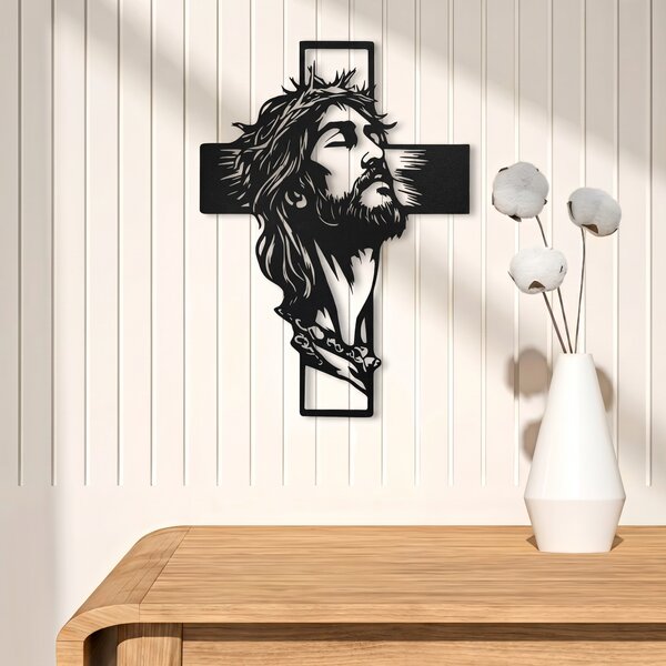 Cruce decorativă de perete din metal negru, cu chipul lui Iisus, stil modern