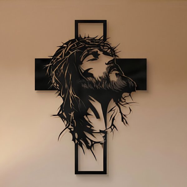Cruce decorativă de perete din metal negru, cu chipul lui Iisus, stil modern