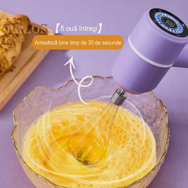 Mixer electric de mână fără fir, cu 3 viteze, reîncărcabil
