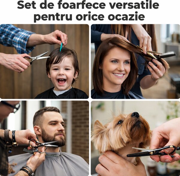Set 11 piese foarfece de tuns și de filat, cu brici și piepteni