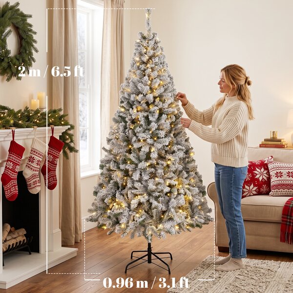 HOMCOM Brad de Crăciun Înzăpezit 200 cm cu 240 LED-uri Alb Cald, 850 Ramuri, Bază Pliabilă, Alb și Verde | Aosom Romania
