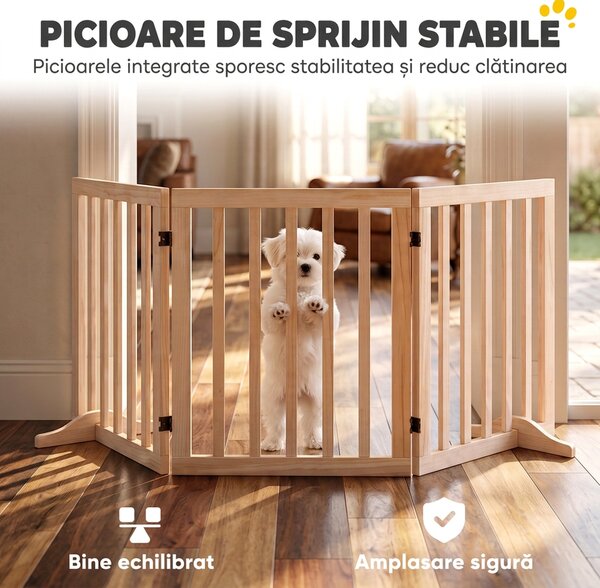 PawHut Poartă Pliabilă pentru Câini cu 3 Panouri, În Nuanțe de Lemn de Pin | Aosom Romania