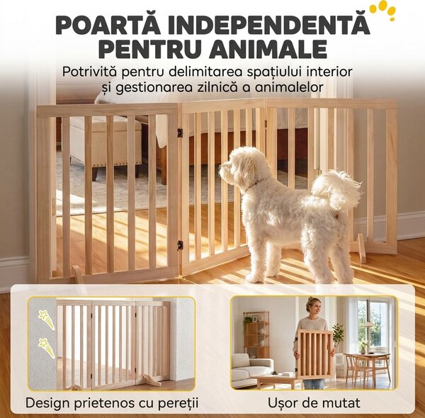 PawHut Poartă Pliabilă pentru Câini cu 3 Panouri, În Nuanțe de Lemn de Pin | Aosom Romania