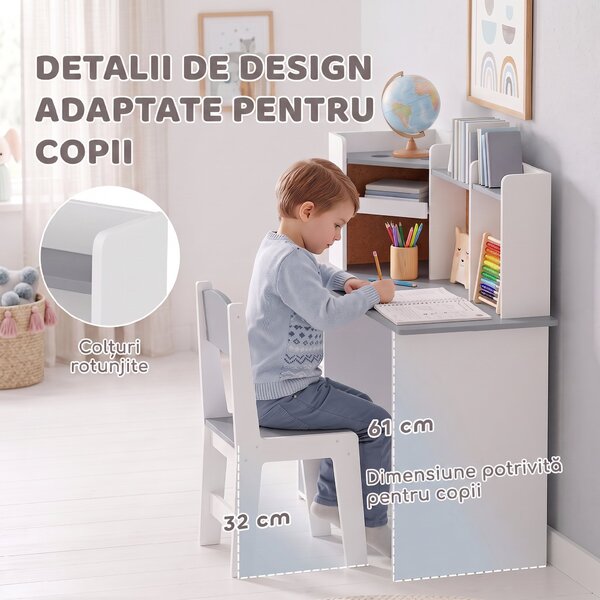 AIYAPLAY Set birou și scaun pentru copii cu suport pentru pixuri, suport reglabil pentru tabletă, dulapuri și tablă din plută, gri | Aosom Romania