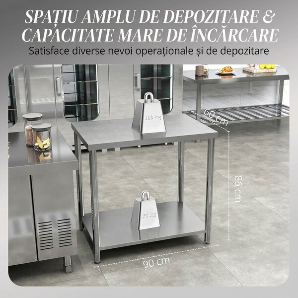 HOMCOM Masă de lucru pentru garaj din oțel inoxidabil, cu 2 rafturi, 100 kg, 90x60x86 cm, argintie | Aosom Romania