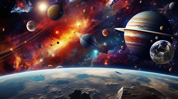 Tapet Cosmos colorat cu planete și nebuloase, Fototapet Spaţiu, w04576 : Uwalls.ro