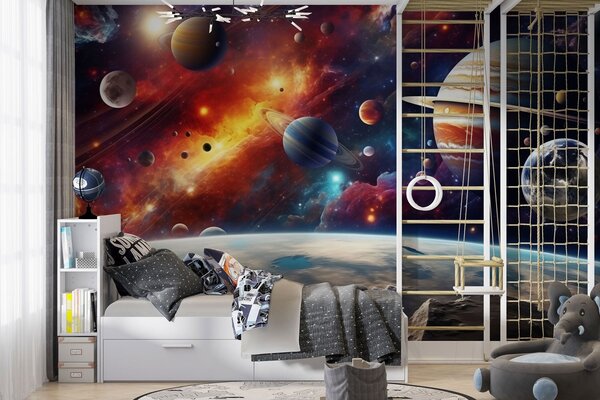 Tapet Cosmos colorat cu planete și nebuloase, Fototapet Spaţiu, w04576 : Uwalls.ro