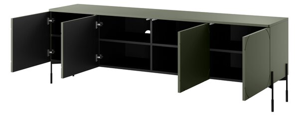 Comodă TV Sonatia 200 cm cu patru uși pe picioare metalice - verde măsliniu
