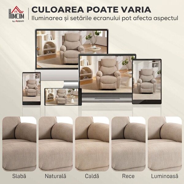 HOMCOM Fotoliu Rabatabil Manual cu Pernă Groasă, Suport pentru Picioare, 85x93x105cm, Bej | Aosom Romania