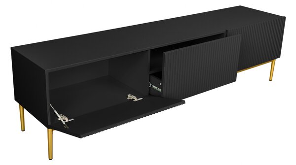 Comodă TV Nicole 200 cm, cu picioare metalice și sertar – negru mat / picioare aurii