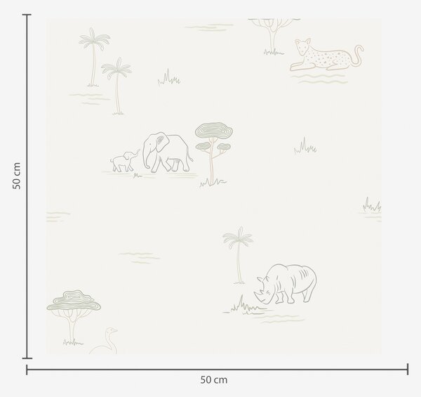 Tapet Safari minimalist: elefanți, rinoceri, leoparzi și palmieri, Tapet pentru copii, a00492 : Uwalls.ro