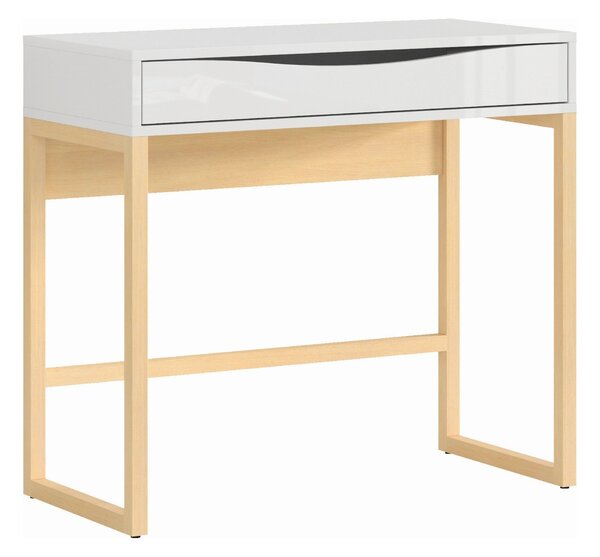 Masa de toaleta PORI, alb lucios/stejar nagaro, lemn/furnir de pin/PVC, cu oglinda, 85x40x78/93 cm