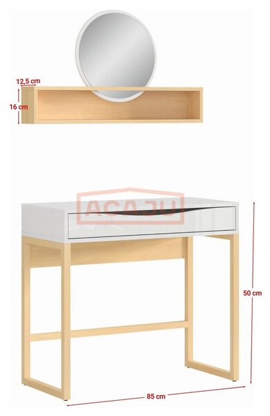 Masa de toaleta PORI, alb lucios/stejar nagaro, lemn/furnir de pin/PVC, cu oglinda, 85x40x78/93 cm