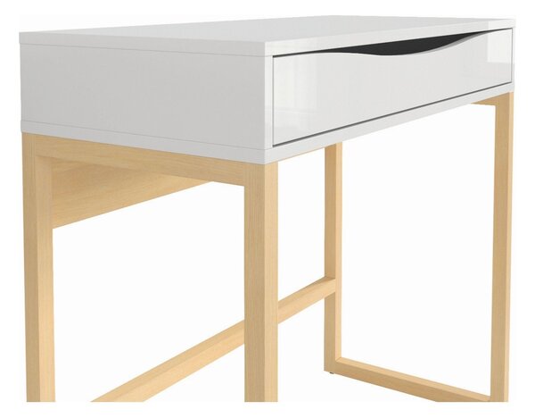 Masa de toaleta PORI, alb lucios/stejar nagaro, lemn/furnir de pin/PVC, cu oglinda, 85x40x78/93 cm
