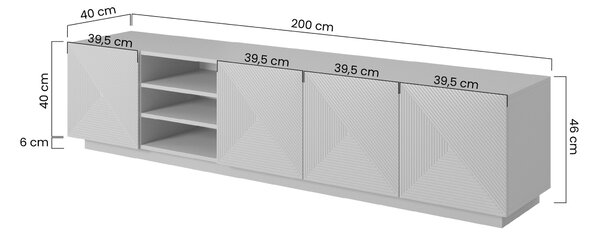 Comodă TV Asha 200 cm cu partea frontală canelat și nișă – bej cashmere