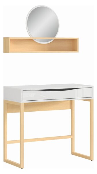 Masa de toaleta PORI, alb lucios/stejar nagaro, lemn/furnir de pin/PVC, cu oglinda, 85x40x78/93 cm