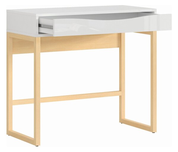 Masa de toaleta PORI, alb lucios/stejar nagaro, lemn/furnir de pin/PVC, cu oglinda, 85x40x78/93 cm