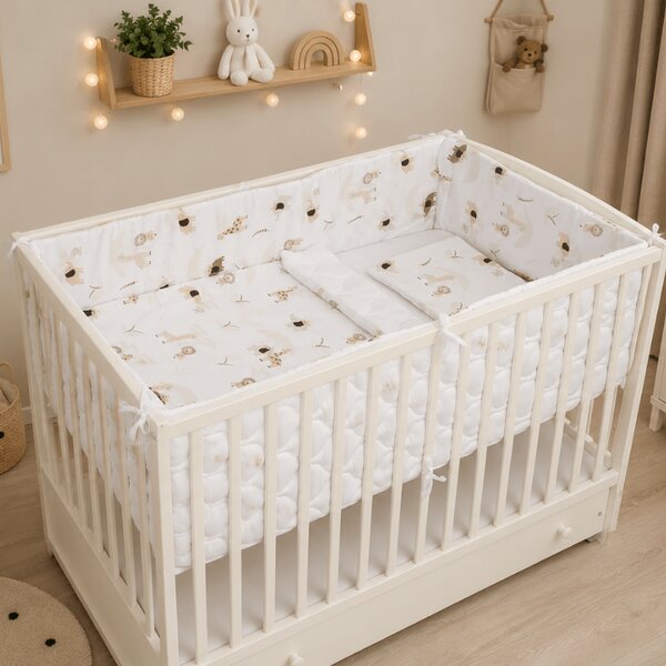 Lenjerie patut bebe 120x60 cm 5 piese matlasata Kidizi Safari Beige - aparatori laterale, cearsaf cu elastic, perna, plapumioara, bumbac Oeko-Tex