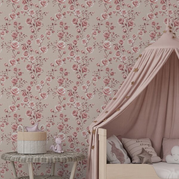 Tapet Trandafiri pudrați pe fond bej — model vintage, Tapet flori, a00497 : Uwalls.ro