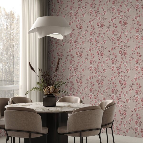 Tapet Trandafiri pudrați pe fond bej — model vintage, Tapet flori, a00497 : Uwalls.ro