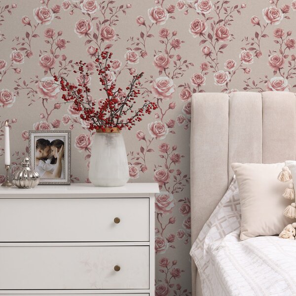 Tapet Trandafiri pudrați pe fond bej — model vintage, Tapet flori, a00497 : Uwalls.ro